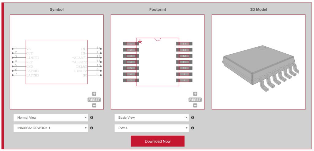 Ultra LIbrarian Symbol, Footprint, and 3D Model view for the model number INA303A1QPWRQ1