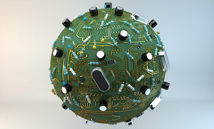 Globe made of electronic circuits and components