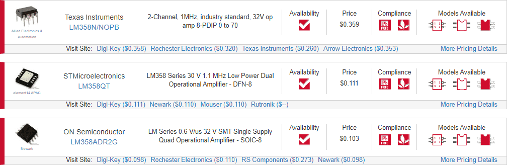 LM358 datasheet and op-amp search results