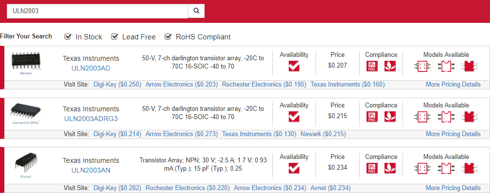 ULN2003 datasheet and component search results