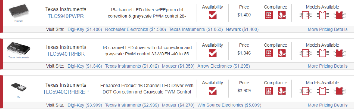 Featured TLC5940 variants in the Ultra Librarian search engine.