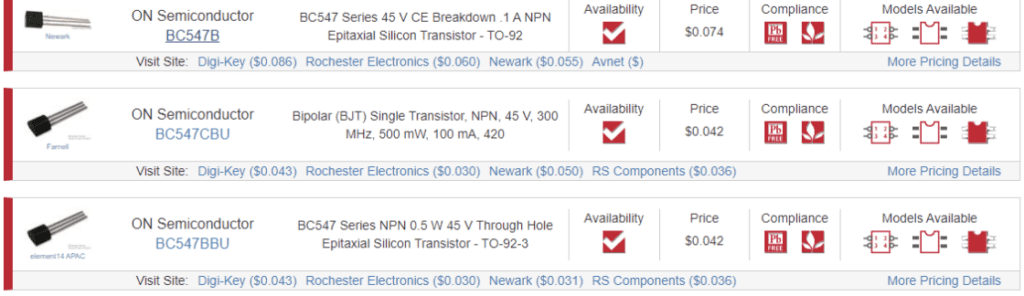 Featured BC547 variants in the Ultra Librarian search engine.