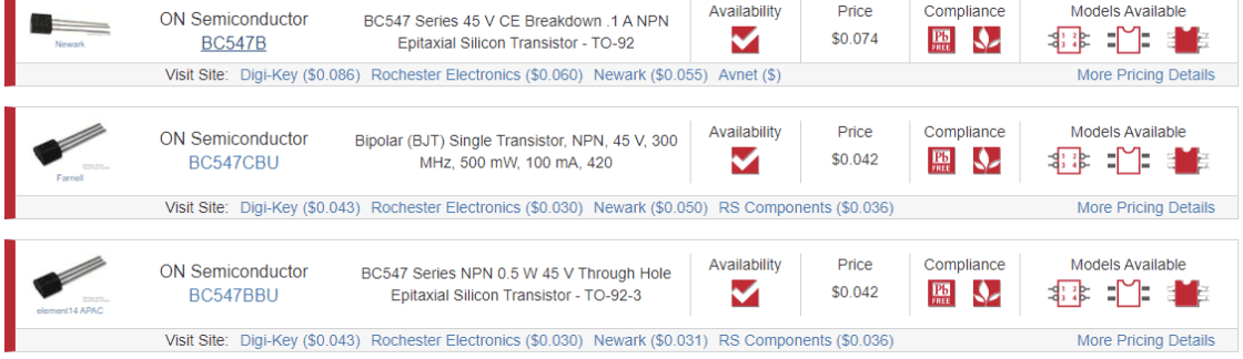 Featured BC547 variants in the Ultra Librarian search engine.