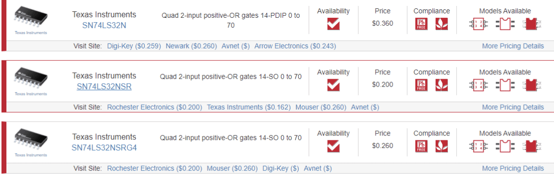 Variants of the SN74LS32N in the Ultra Librarian search engine.