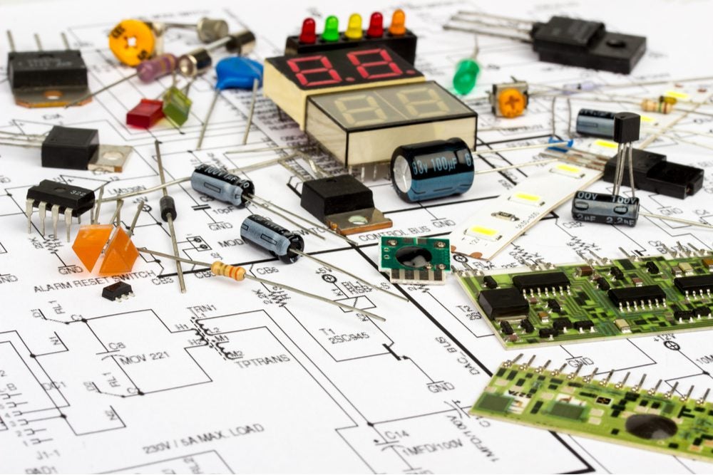 Many electronic components—including capacitors, integrated circuits, and resistors.