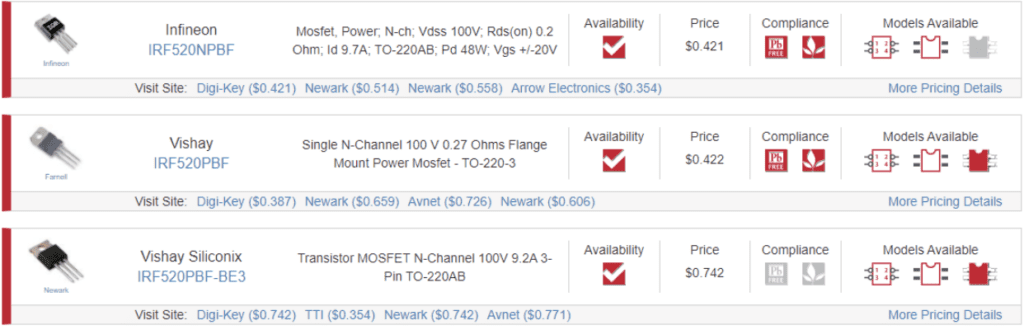 Variants of the IRF520 on the Ultra Librarian search engine.