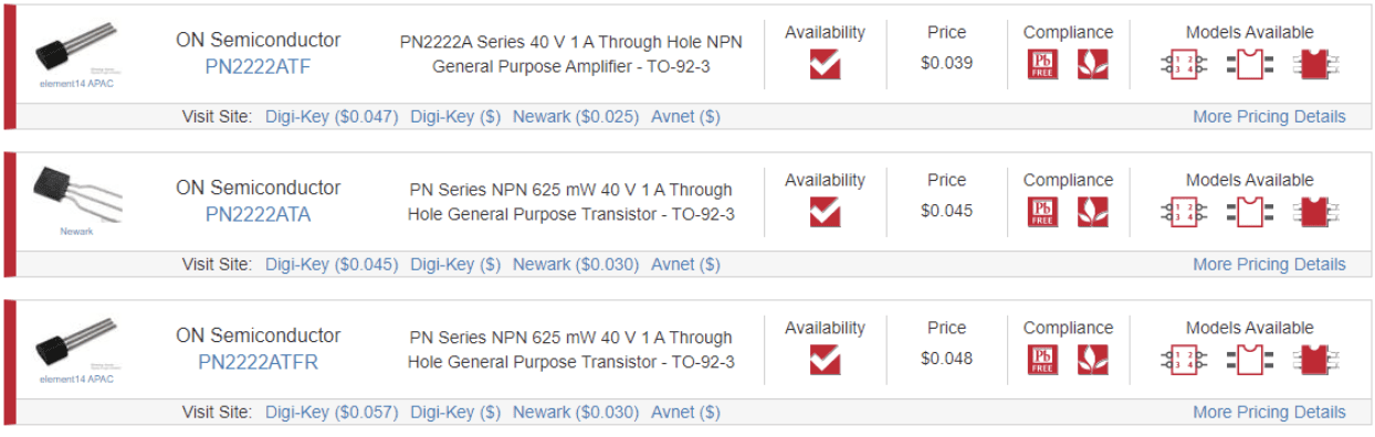 Variants of the PN2222A in the Ultra Librarian search engine.