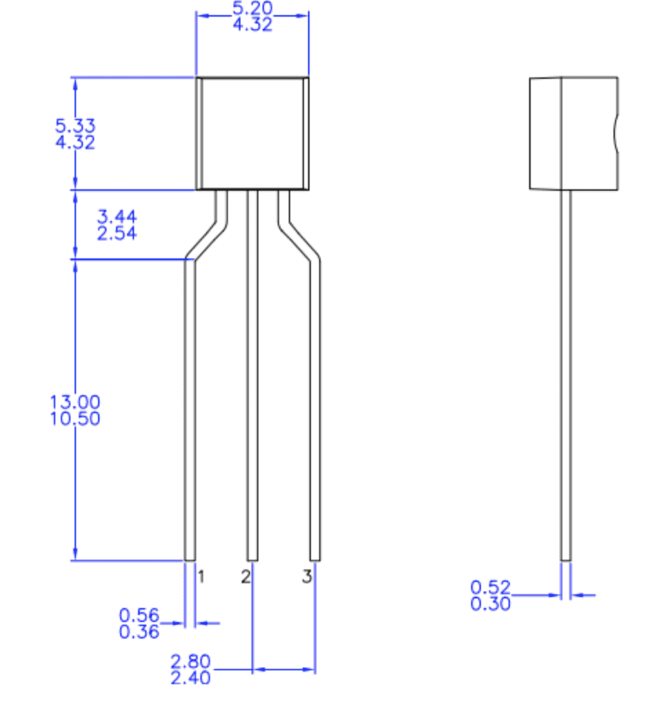 PN2222A dimensions, from its datasheet.