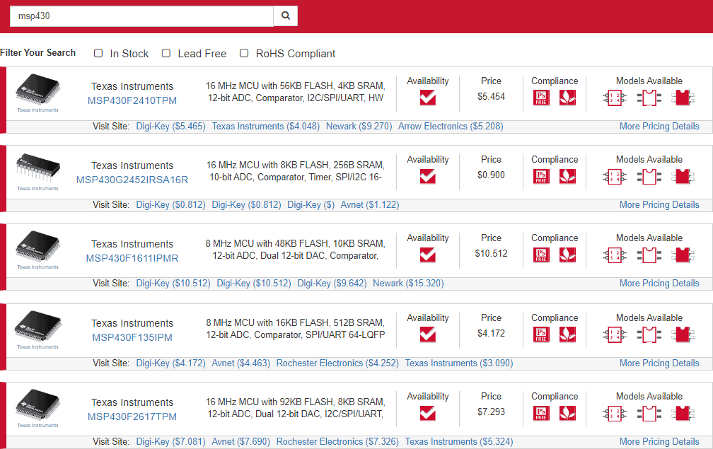 MSP430 datasheet search