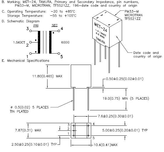 MET-24 schematic, pinout, footprint, and physical dimensions