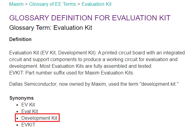 The definition of an evaluation kit from Maxim Integrated