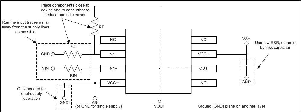 Example connectivity for single non-inverting op-amp
