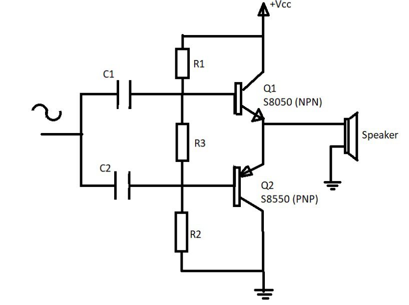 one NPN + one PNP) connected in a fashion with the voltage source and load
