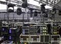 A concert stage with audio amplifiers and other professional equipment