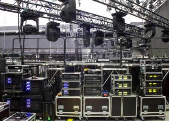 A concert stage with audio amplifiers and other professional equipment