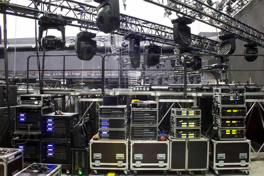 A concert stage with audio amplifiers and other professional equipment