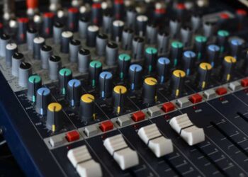 A mixing table in a music composer home studio