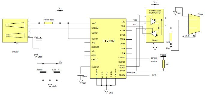 FT232RL used for USB to RS485 data conversion
