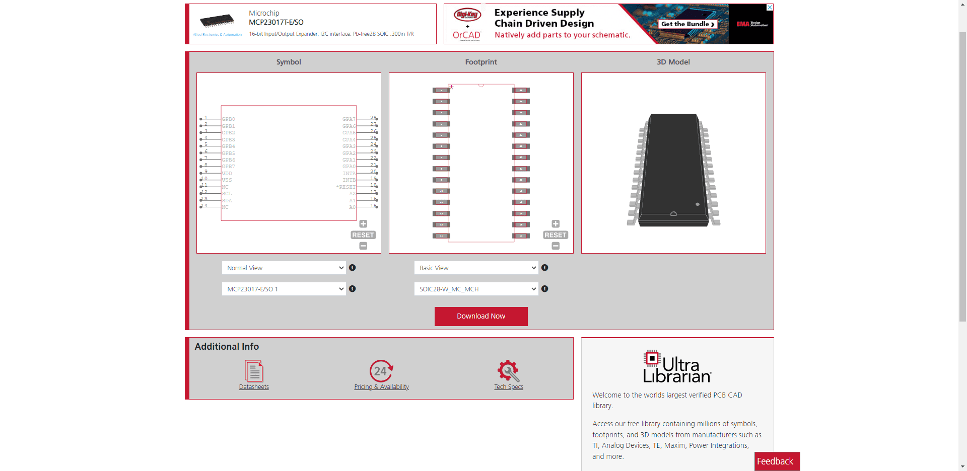 UL’s CAD models for the MCP23017 16-bit expander SOIC package