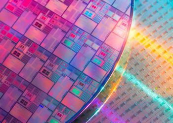 View of integrated circuits on a silicon wafer