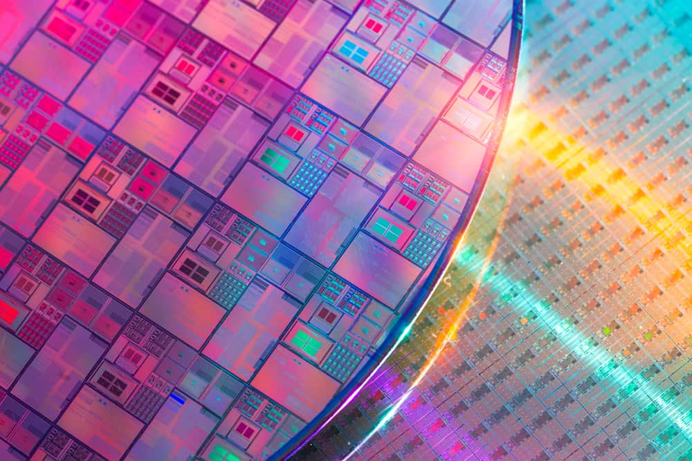 View of integrated circuits on a silicon wafer