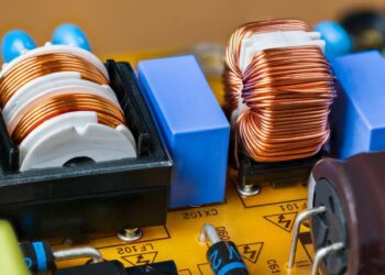 Close-up of capacitors and inductors used in a passive filter