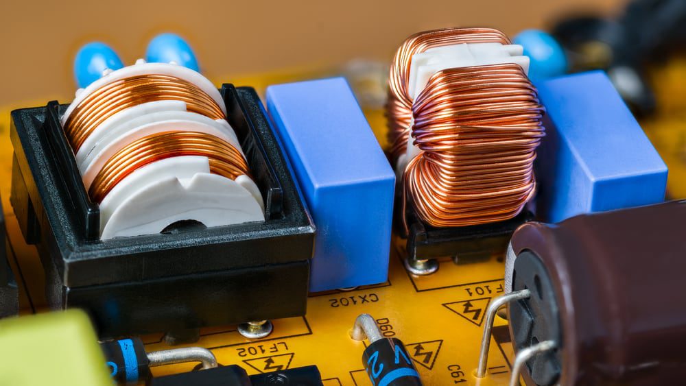 Close-up of capacitors and inductors used in a passive filter
