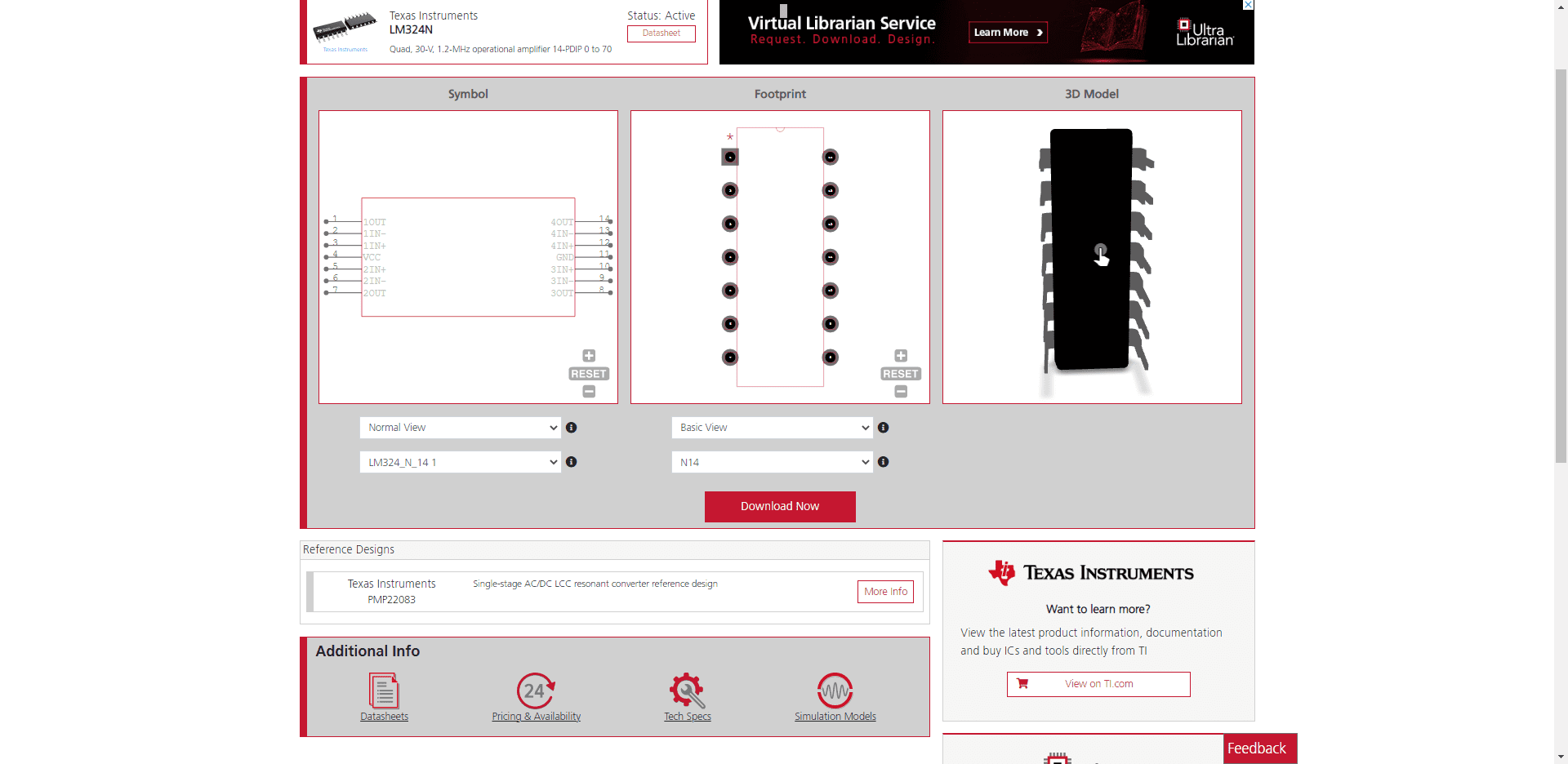 Schematic symbol, footprint, and 3D model for the TI LM324n from UL