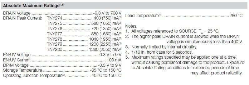 TNY277PN absolute maximum ratings