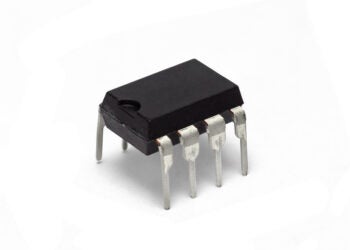 Rotated view of 8-pin PDIP package against white background