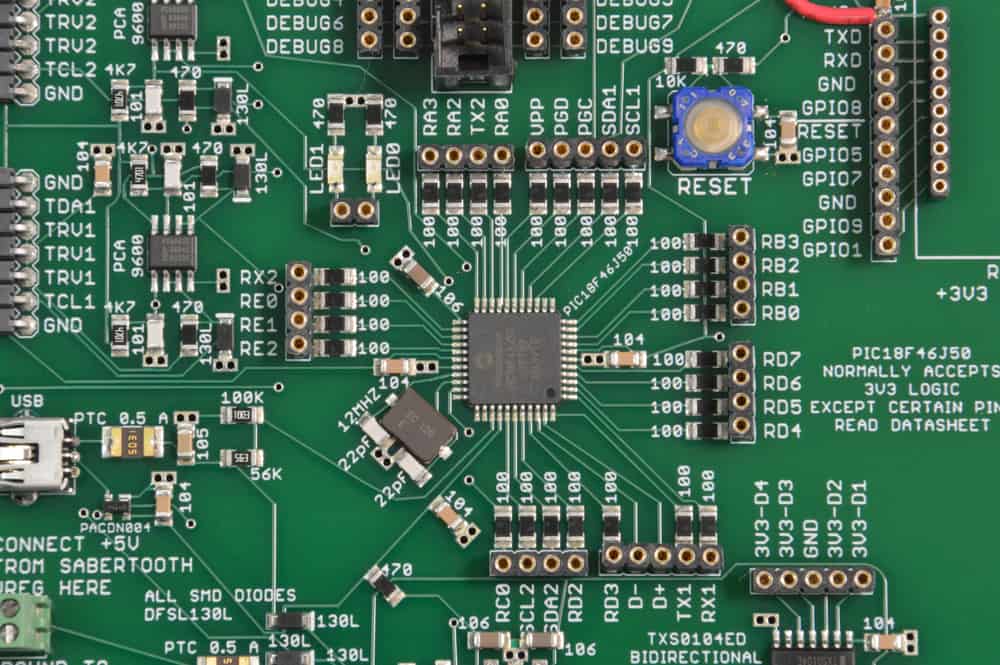 Close-up view of PCB component placement