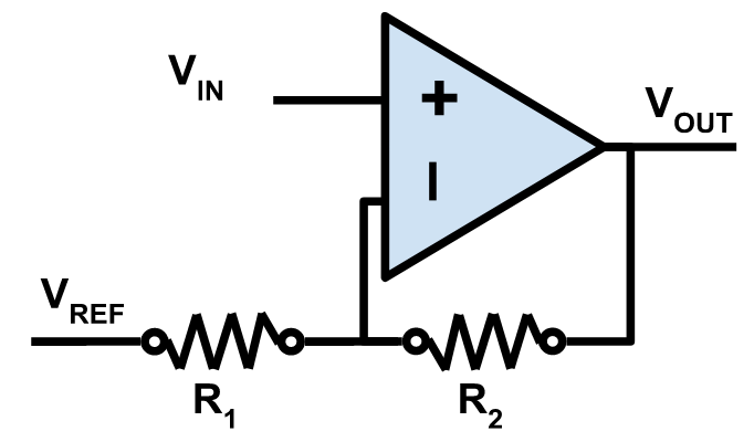 Op amp circuit for voltage comparitor with hysteresis. 