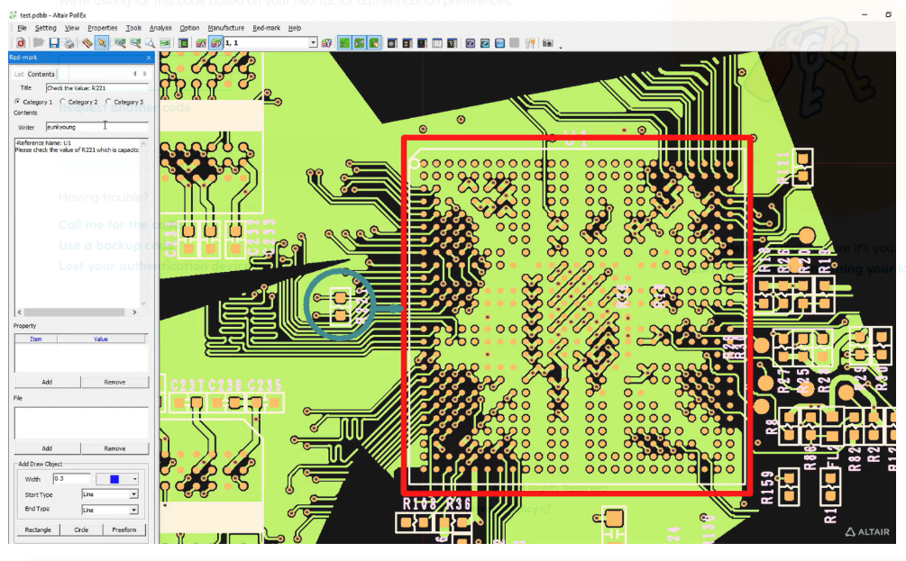 PCB design review in PollEx showing collaborators’ markup and comments on specific layers.