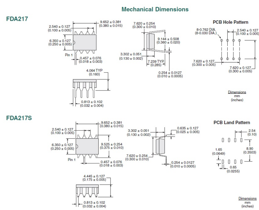 Through-hole and surface mount dimensions for the FDA217