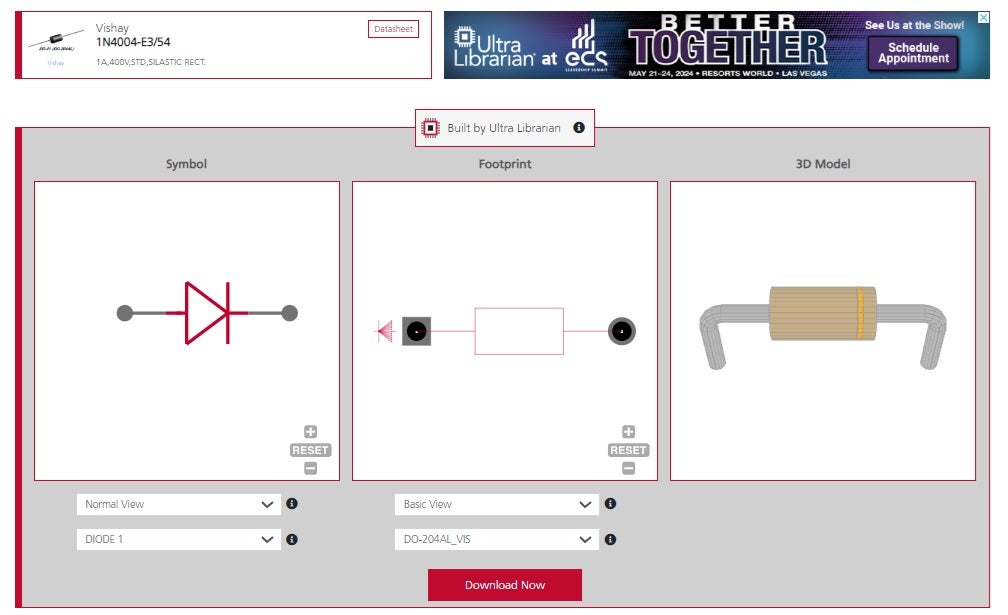 1N4004 schematic symbol, footprint, and 3D CAD model from UL
