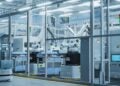 Futuristic factor of robots producing advanced sustainable electronic components