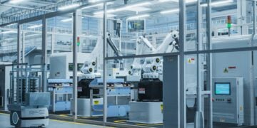 Futuristic factor of robots producing advanced sustainable electronic components