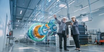 Industrial engineers visualize 3D CAD model of clean energy engine