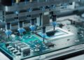 A fabricated (bare board) PCB sitting on pick-and-place machine rails