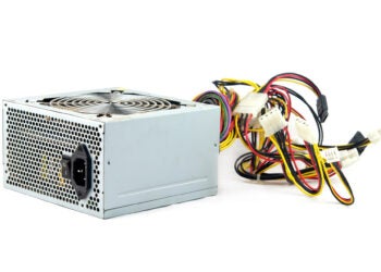 Computer power supply on white background.
