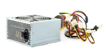 Computer power supply on white background.
