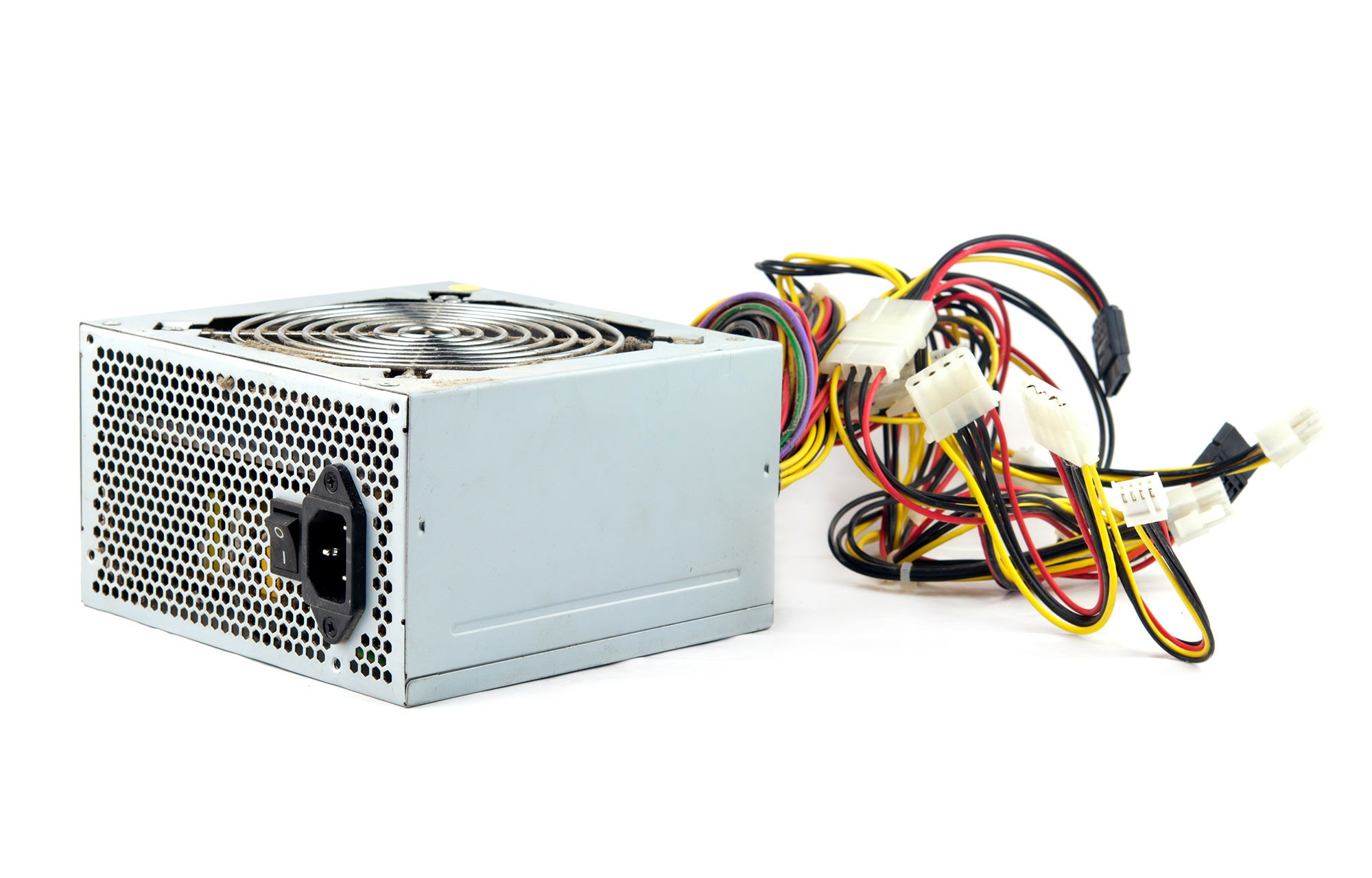 Computer power supply on white background.