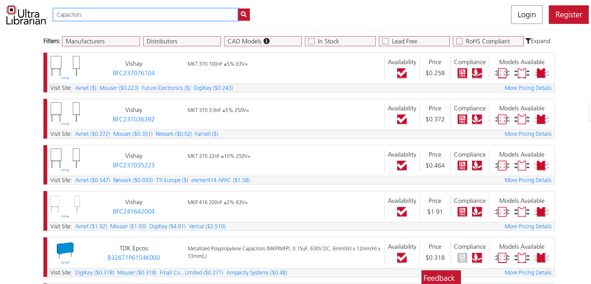 Ultra Librarian search interface showing component filtering options for designing long-term component availability 