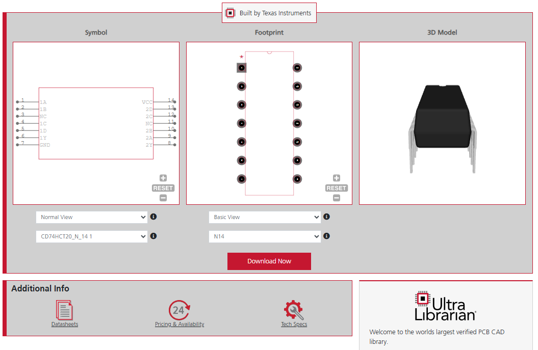 UL schematic symbol, PCB footprint, and 3D CAD model for the CD74HCT20E
