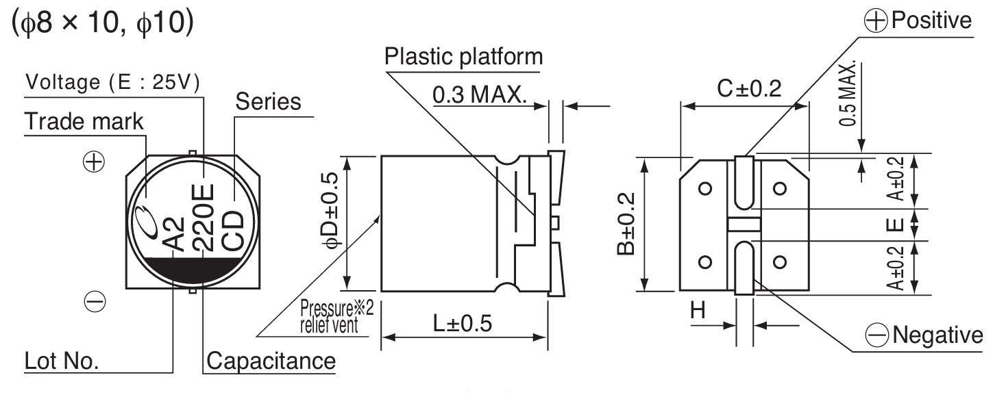 Dimensional data for developing PCB layout parameters for the Nichicon UCD electrolytic capacitors (φ8×10, φ10) including diameter, length, tolerances, lead spacing, and polarity indicators