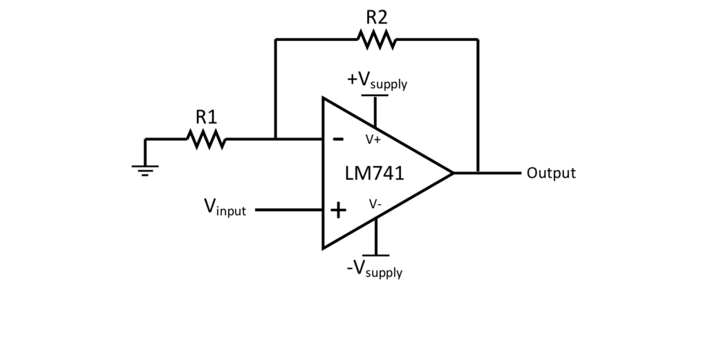 Inverting amplifier circuit using the LM741CN operational amplifier
