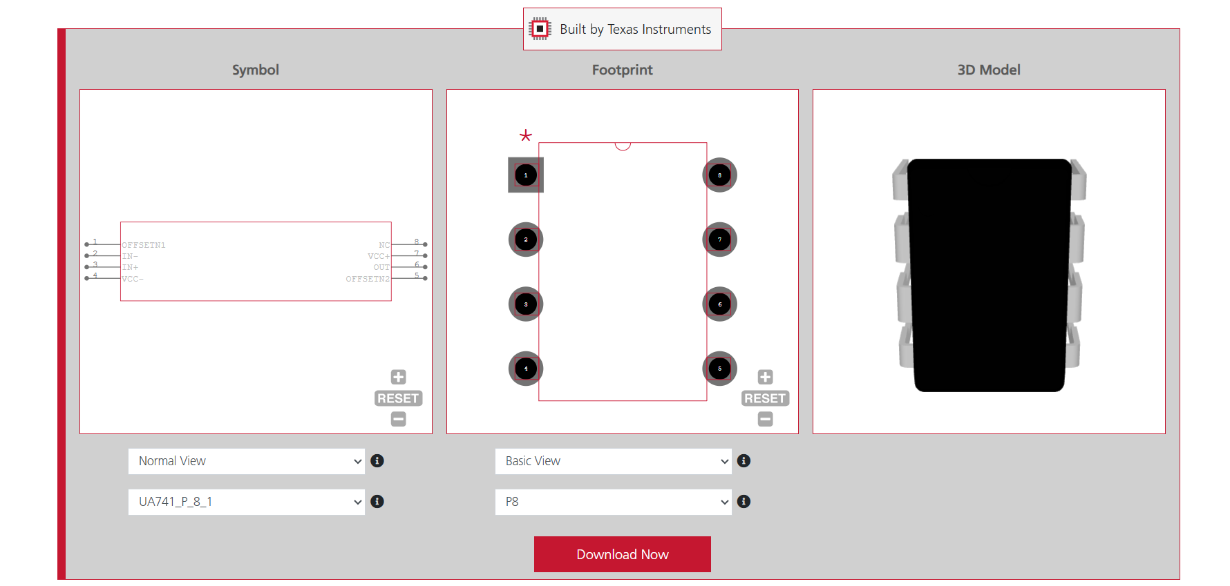 UA741CP Symbol, footprint, and 3D model.