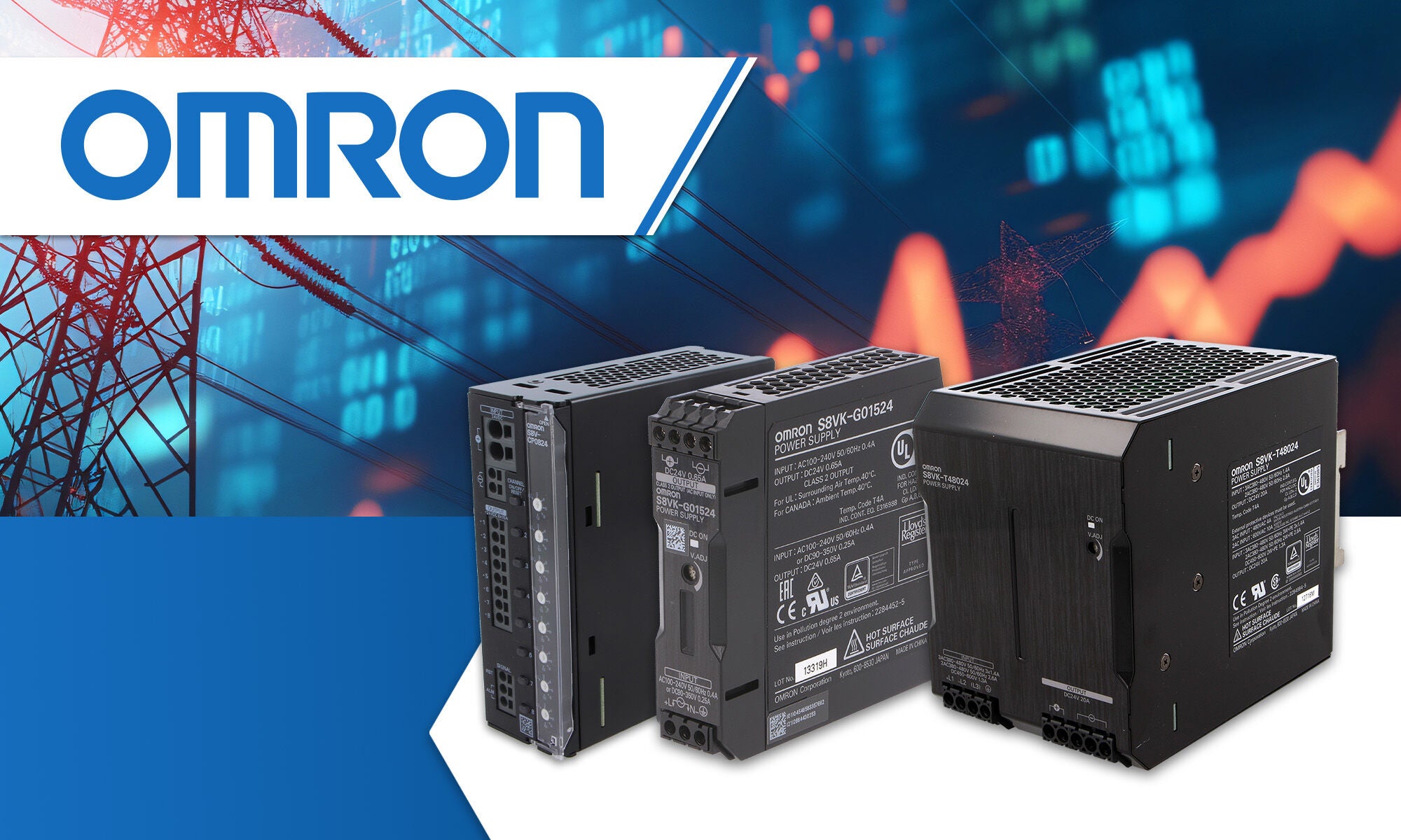 Omron logo with various S8VK power supply models