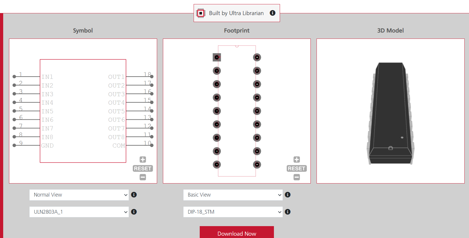 ULN2803A transistor with symbol, footprint, and 3D model for component lifecycle management
