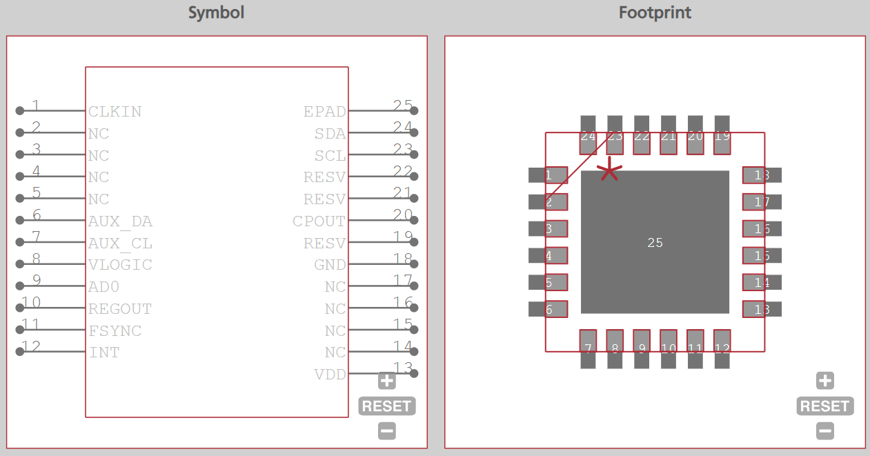 Symbol and footprint for the MPU6050 available through Ultra Librarian